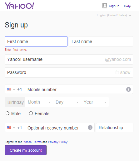 Yahoo mail register