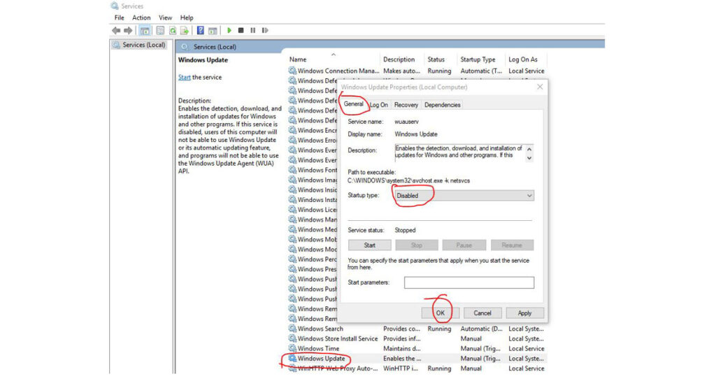 Disable the Windows Update Service